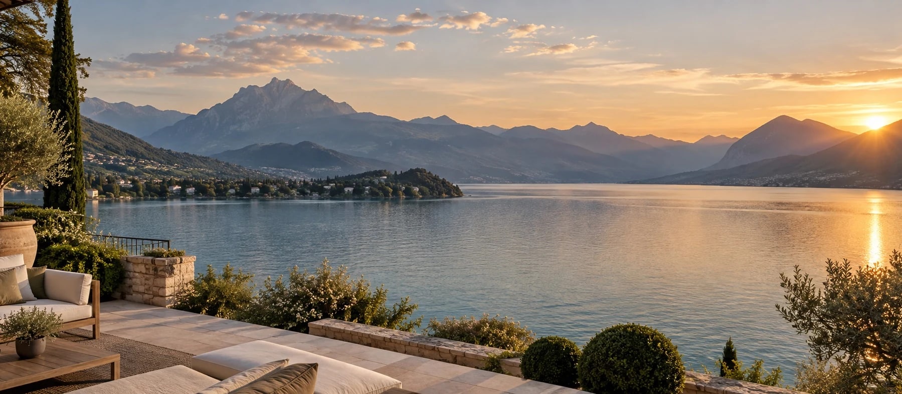 Terrasse en pierre face à un lac alpin au coucher du soleil